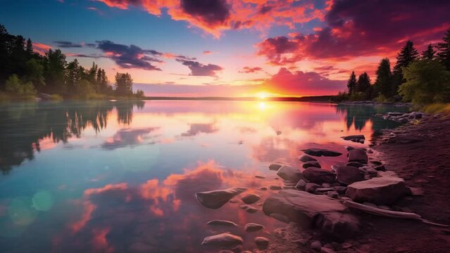 magnificent long exposure lake sunset. dramatic sunset sky with reflection. seamless looping overlay 4k virtual video animation background 