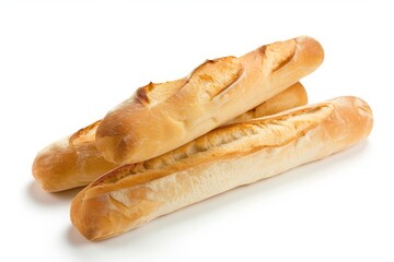 Three freshly baked baguettes isolated on white background