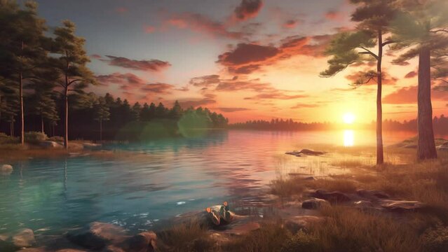  lake with trees at sunset on a beautiful summer evening. beautiful nature scene. seamless looping overlay 4k virtual video animation background 