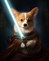 Jedi with laser sword, dog portrait