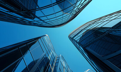 Business office towers rise against a bright blue sky, creating dynamic landscapes with detailed architecture. The skyscrapers reflect the sky, adding depth to the scene when viewed from a low angle.