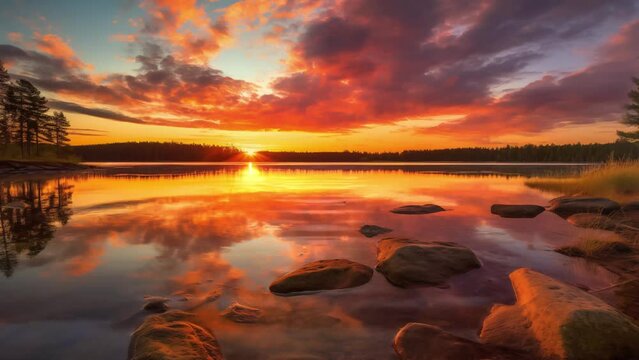 beautiful sunset reflection. panorama picture taken with sunset over a lake  . seamless looping overlay 4k virtual video animation background 