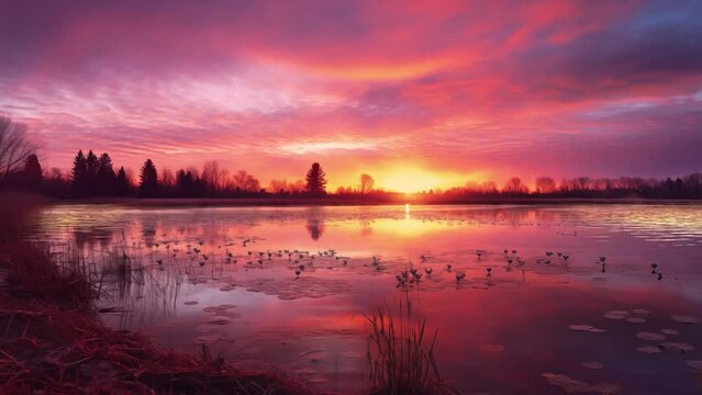 beautiful nature scene with sunrise and reflection . Spring Sunrise on the pond. seamless looping overlay 4k virtual video animation background 