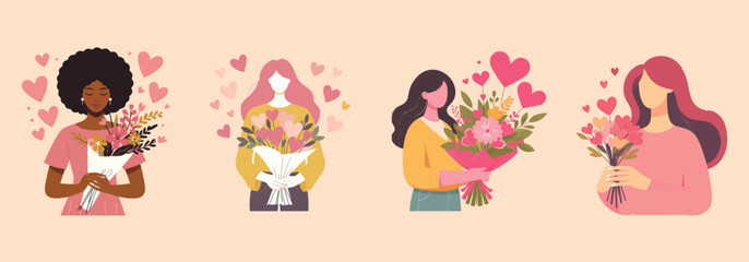 Women Holding a bouquet of Hearts. Romantic Valentine's Day Concept of Flat illustration.	