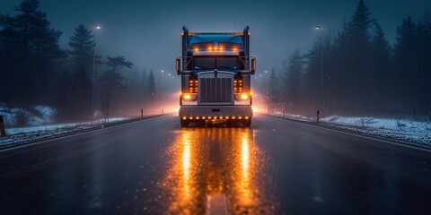 Rainy Night on the Highway A Trucking Adventure Generative AI - obrazy, fototapety, plakaty