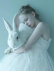 A beautiful girl with a white dress holding a white cute Easter bunny, a symbol of the holiday and spring tradition