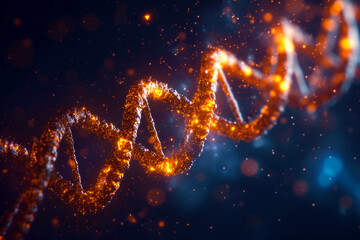 A striking digital representation showcases a DNA double helix aglow with fiery nodes, set against a rich, dark blue background.