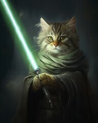 Cat with light saber, illustration with a Jedi in cloak costume