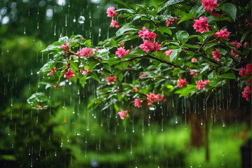 Obraz premium Close-up of peach blossoms blooming in heavy rain