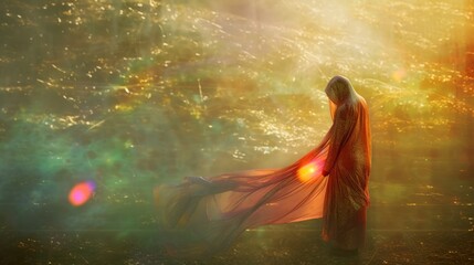 Mystical figure shrouded in a sparkling veil against an ethereal light backdrop. Concept of fantasy, magic, and otherworldly presence - obrazy, fototapety, plakaty