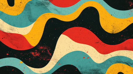 Groovy psychedelic abstract wavy background with rough texture combined with retro colors ochre yellow, teal and carmine red