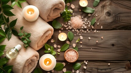 A serene spa setup featuring rolled towels, lit candles, and Himalayan salt on a rustic wooden background for relaxation.