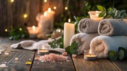 Obraz na płótnie Canvas A serene spa setup featuring rolled towels, lit candles, and Himalayan salt on a rustic wooden background for relaxation.