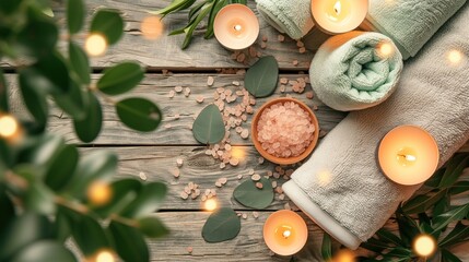 Fototapeta na wymiar A serene spa setup featuring rolled towels, lit candles, and Himalayan salt on a rustic wooden background for relaxation.