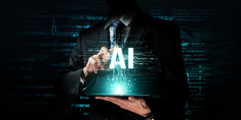 Human interact with AI artificial intelligence brain processor in concept of AI artificial...