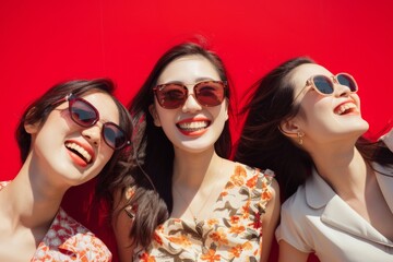 サングラスをかけた友達と笑う日本人女性（カラフル・映え・SNS・旅行・女子旅）