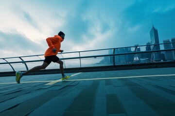 Urban runner in orange on a city bridge at dawn, portraying healthy lifestyle and morning workout...