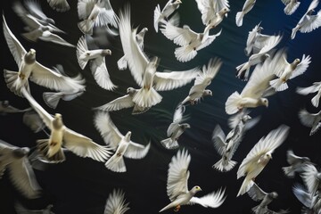 Blurred motion of a flock of pigeons in flight, creating an abstract pattern of peace and freedom - obrazy, fototapety, plakaty
