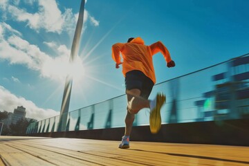 Fototapeta na wymiar Energetic male athlete sprinting with urban wind turbine backdrop portraying renewable energy and urban fitness