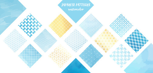 和紙、水彩風_水色とゴールドの四角の和柄パターン素材セット
