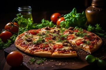 Delectable pizza on rustic wooden table - close-up shot of traditional italian cuisine