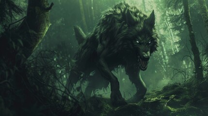werewolf in the dark forest illustration. - obrazy, fototapety, plakaty