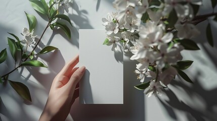 3D hand-holding square white blank card sheet of paper with white flowers branch Background. Top view 3D mockup flat greeting card