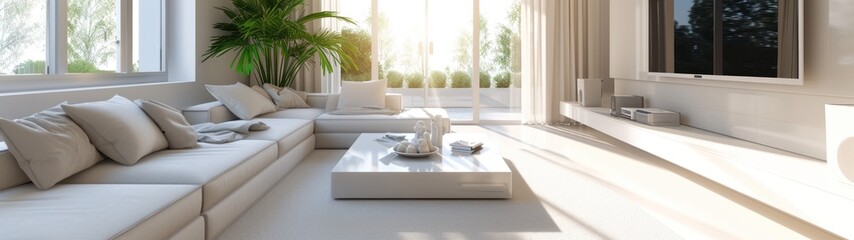 Modern luxury beige living room white sofa pillows with tv unit and houseplants, white coffee table, and sunlight. Spacious room Modern Scandinavian living room