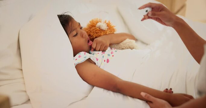 Bedroom, fever and mother with girl, thermometer and temperature with disease and recovery. Family, mama or child with flu or cold with comfort and cough with care, sick and parent with a kid or home
