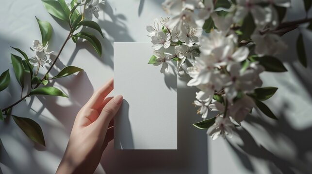 3D hand-holding square white blank card sheet of paper with white flowers branch Background. Top view 3D mockup flat greeting card - Powered by Adobe