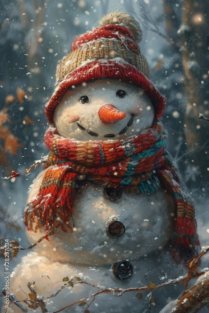Poster winter wonderland a snowy scene with a smiling snowman generative ai