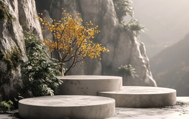 Three gray circle stone podium display near tree plant with tropical cliff background and bright sunlight. 3D Modern minimal grey stone showcase product presentation with cliff background