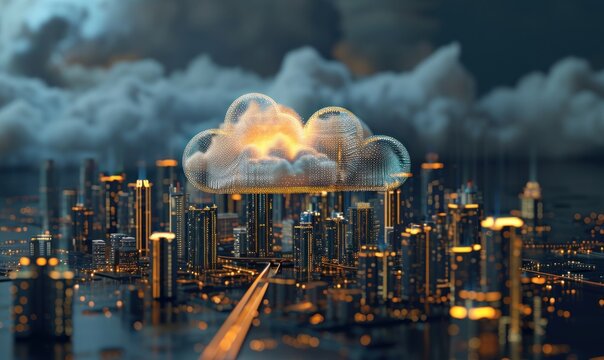 3D Cloud computing data for smart city wireless internet communication with cloud server. Orange light Digital cloud smart city.