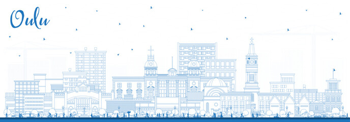 Outline Oulu Finland city skyline with blue buildings. Oulu cityscape with landmarks. Business travel and tourism concept with modern and historic architecture.