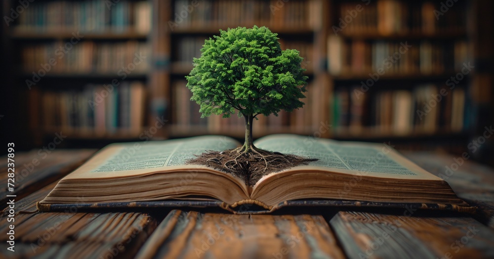Poster a tree growing in the middle of a book a symbol of sustainability and the importance of reading gene