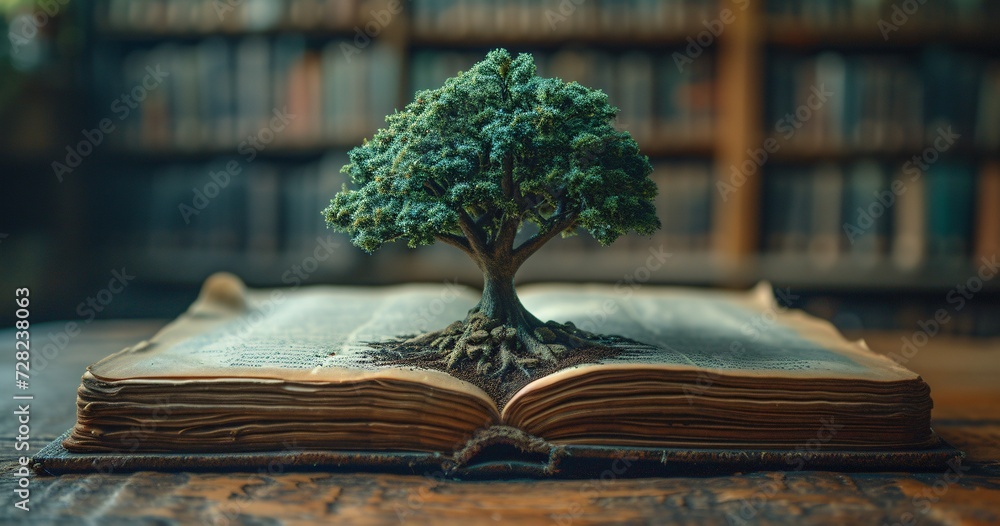 Poster a tree growing in the middle of a book a unique and creative display for book lovers generative ai