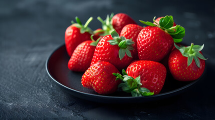 Strawberries in a black plate on a dark background, top view.