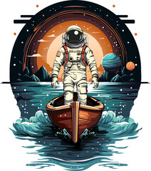 Astronaut in the boat on the background of the planet. Vector illustration