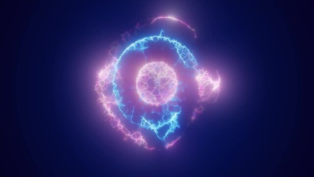 Purple energy magic circle, sphere, ball made of futuristic waves and lines of particles of atomic energy and electricity force field. Abstract background. Video in high quality 4k, motion design