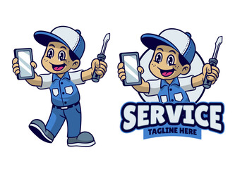 Cartoon Phone Repair Service Mechanic Mascot Design