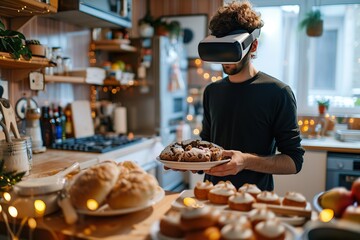 Man with VR Headset Holding Homemade Christmas Cake.