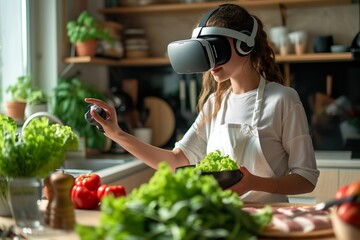 Man Chopping Vegetables with VR Headset in Modern Kitchen. - 728238611