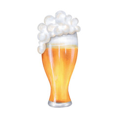Glass of beer with bubble foam.Watercolor and marker illustration.Clip art concept of drinking alcohol during holidays, Oktoberfest or St. Patrick's Day.Hand drawn isolated art.Beer mug sketch.