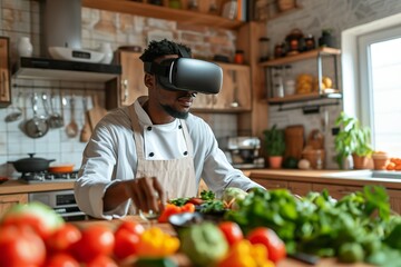 Chef Using VR Technology for Cooking in a Professional Kitchen.