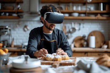 Man Chopping Vegetables with VR Headset in Modern Kitchen. - 728238642