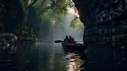 a cinematic scene, the image captures a canoe passing under a stone bridge - obrazy, fototapety, plakaty