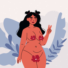 Fototapeta premium Cute plump woman. Cartoon chubby female body in flowers, healthy overweight body positive concept, natural feminine body shape. Vector flat illustration