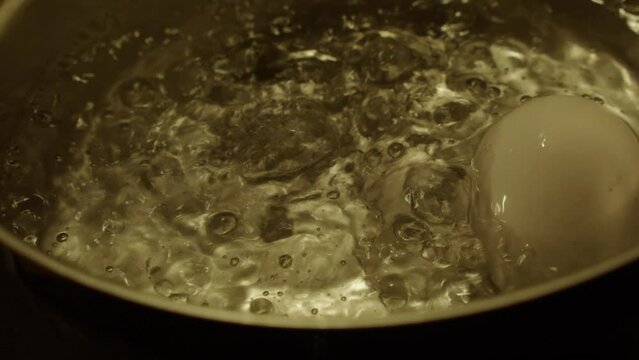 Closeup view of an egg boiling in pot of water on stove, copy space