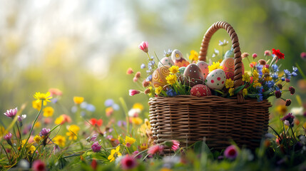 A charming wicker basket filled with ornate Easter eggs nestled among a field of vibrant spring wildflowers in full bloom. - obrazy, fototapety, plakaty