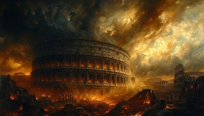 Rome Burns A Blazing Fire Consumes the Ancient Colosseum Generative AI